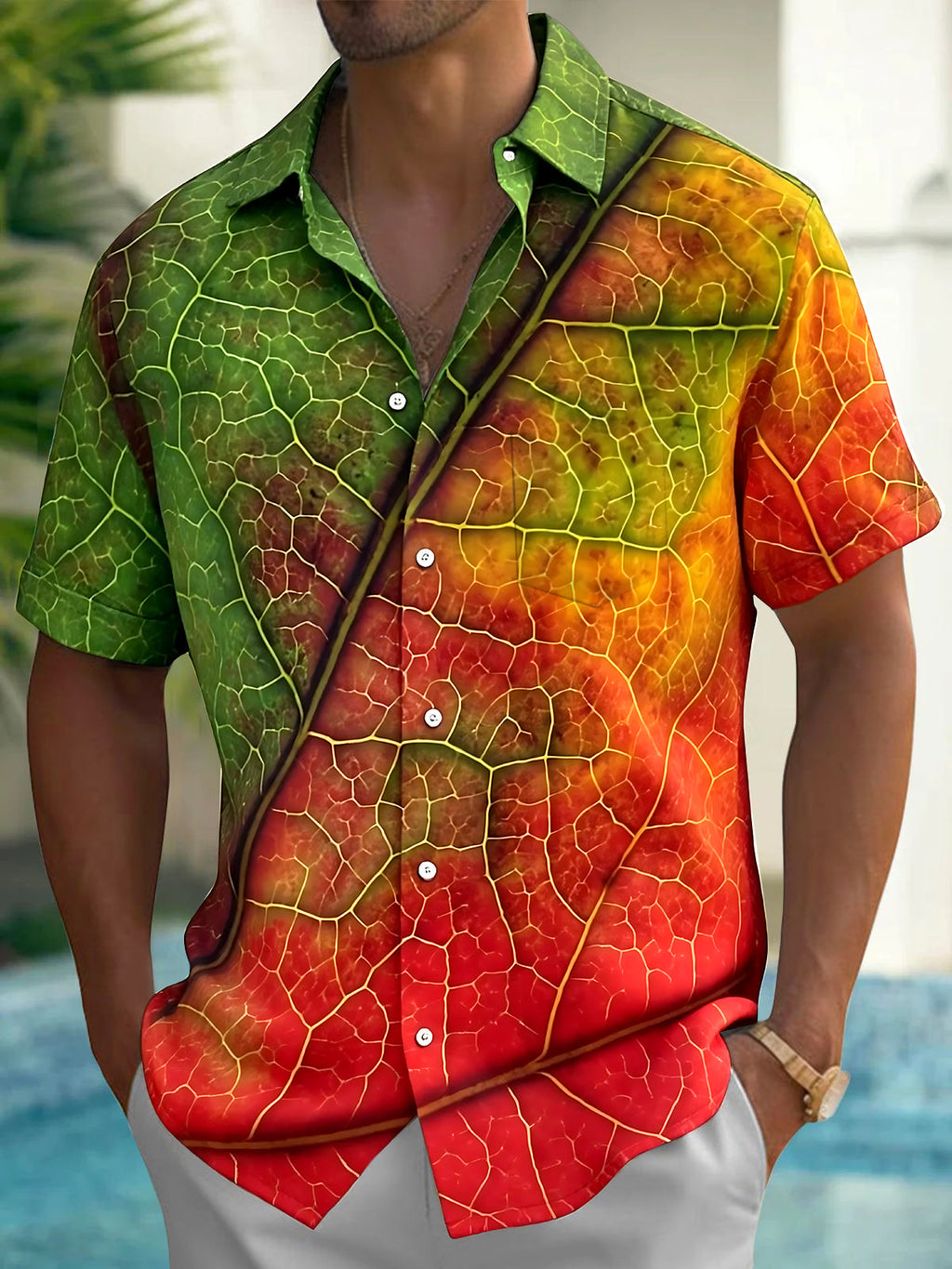 Oceanlyte Men's Printed Leaf Vein Pattern Gradient Leaf Print Short Sleeve Shirt with Chest Pocket