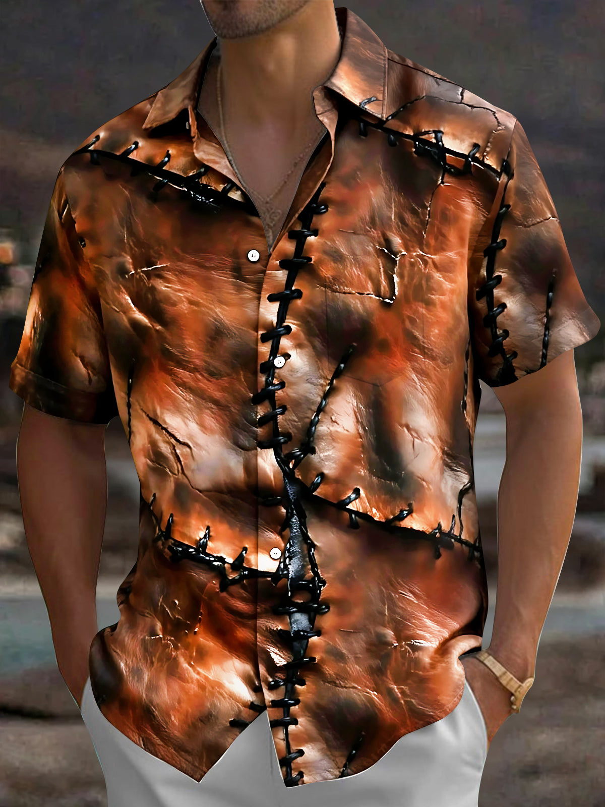 Oceanlyte Men's Vintage Style Leather Patchwork Print Short Sleeve Shirt with Chest Pocket