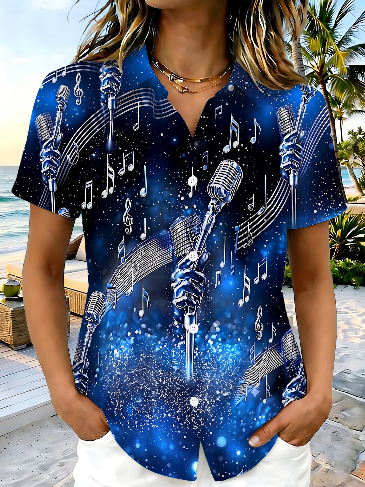 Oceanlyte Women's Graphic Microphone Print Music Notes Print Short Sleeve Shirt
