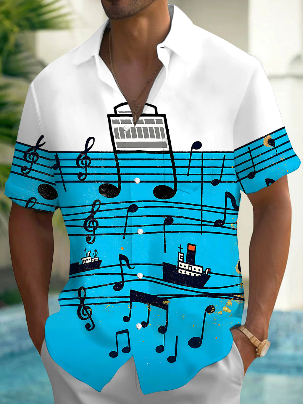 Oceanlyte Men's Graphic Musical Notes On Staff Print Short Sleeve Shirt with Chest Pocket