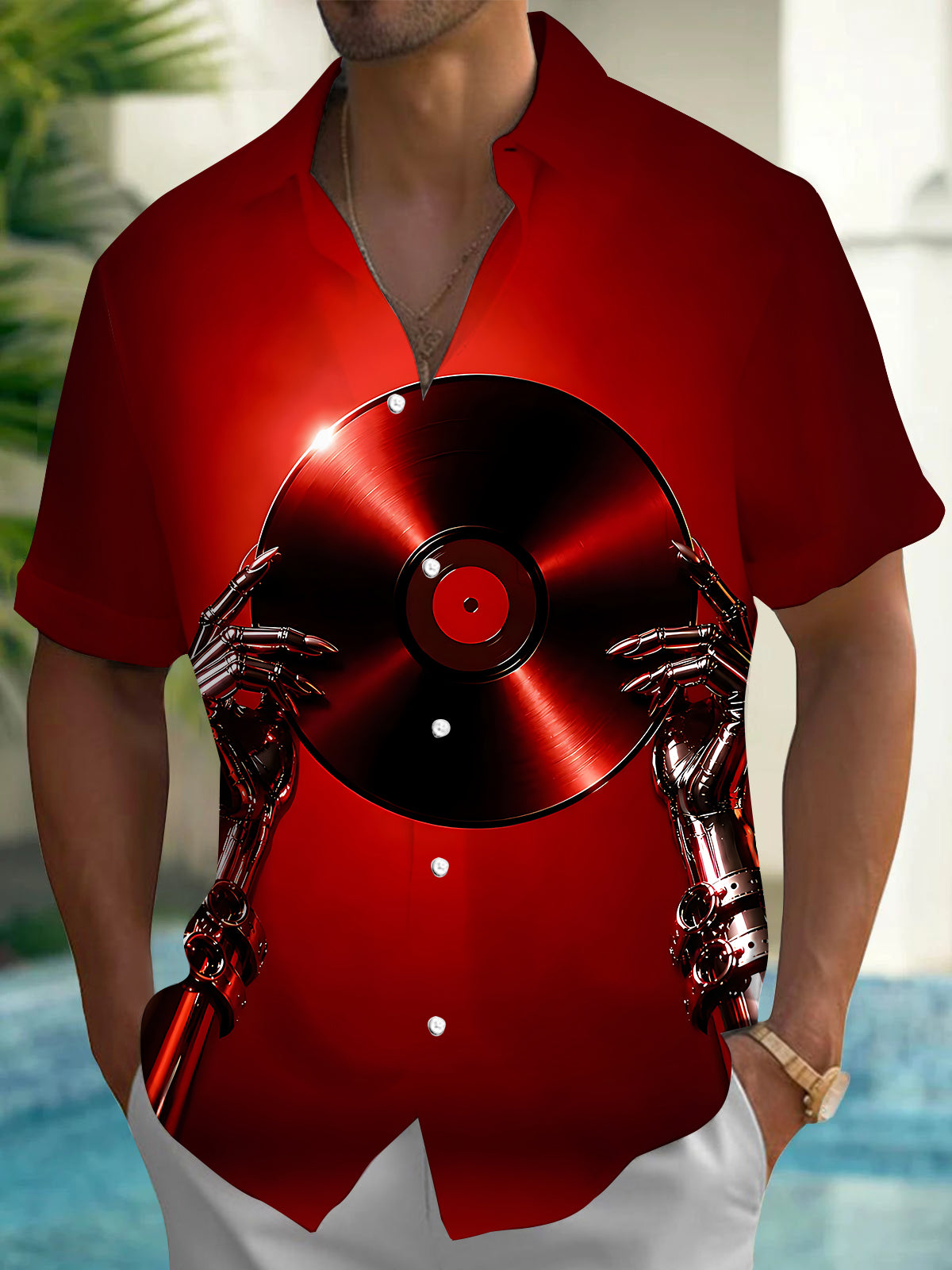 Oceanlyte Men's Graphic Vinyl Record Print Robot Hands Print Short Sleeve Shirt with Chest Pocket
