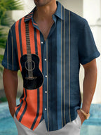 Oceanlyte Men's Striped Guitar Print Vertical Stripes Print Short Sleeve Shirt with Chest Pocket