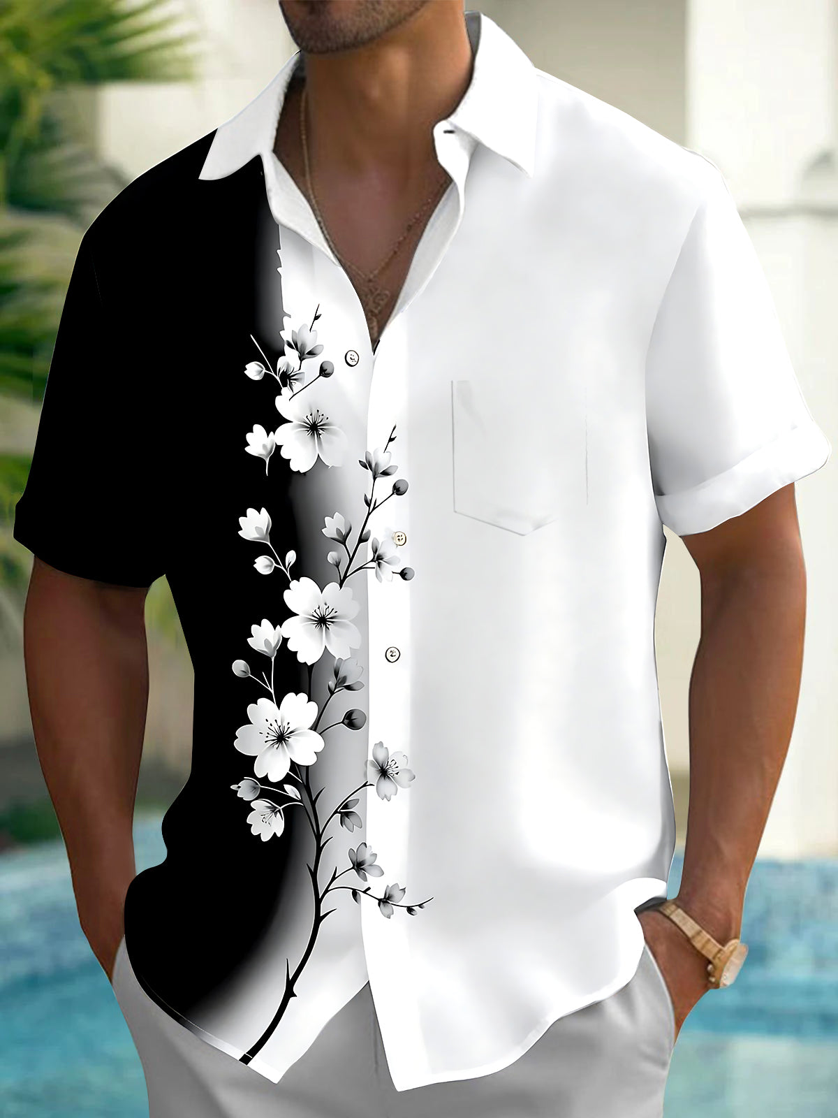 Oceanlyte Men's Floral Black And White Floral Branch Print Short Sleeve Shirt with Chest Pocket
