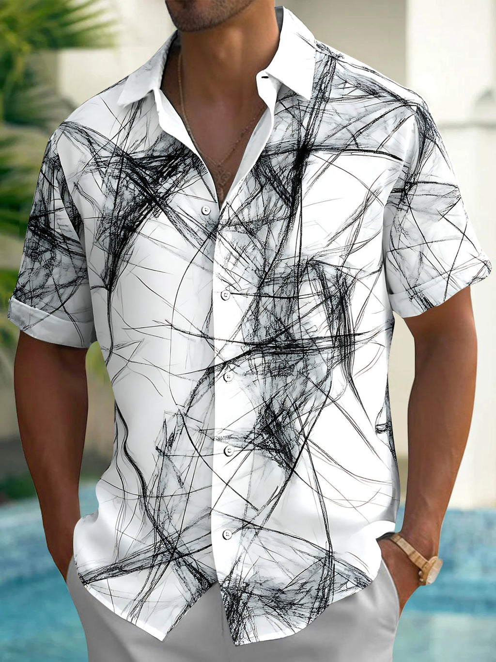 Oceanlyte Men's Printed Abstract Black Scribble Lines Print Short Sleeve Shirt with Chest Pocket