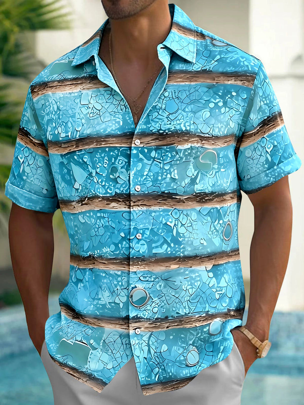 Oceanlyte Men's Hawaiian Blue Water Texture Print Short Sleeve Shirt with Chest Pocket