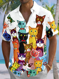 Oceanlyte Men's Hawaiian Colorful Cartoon Cats Print Short Sleeve Shirt with Chest Pocket