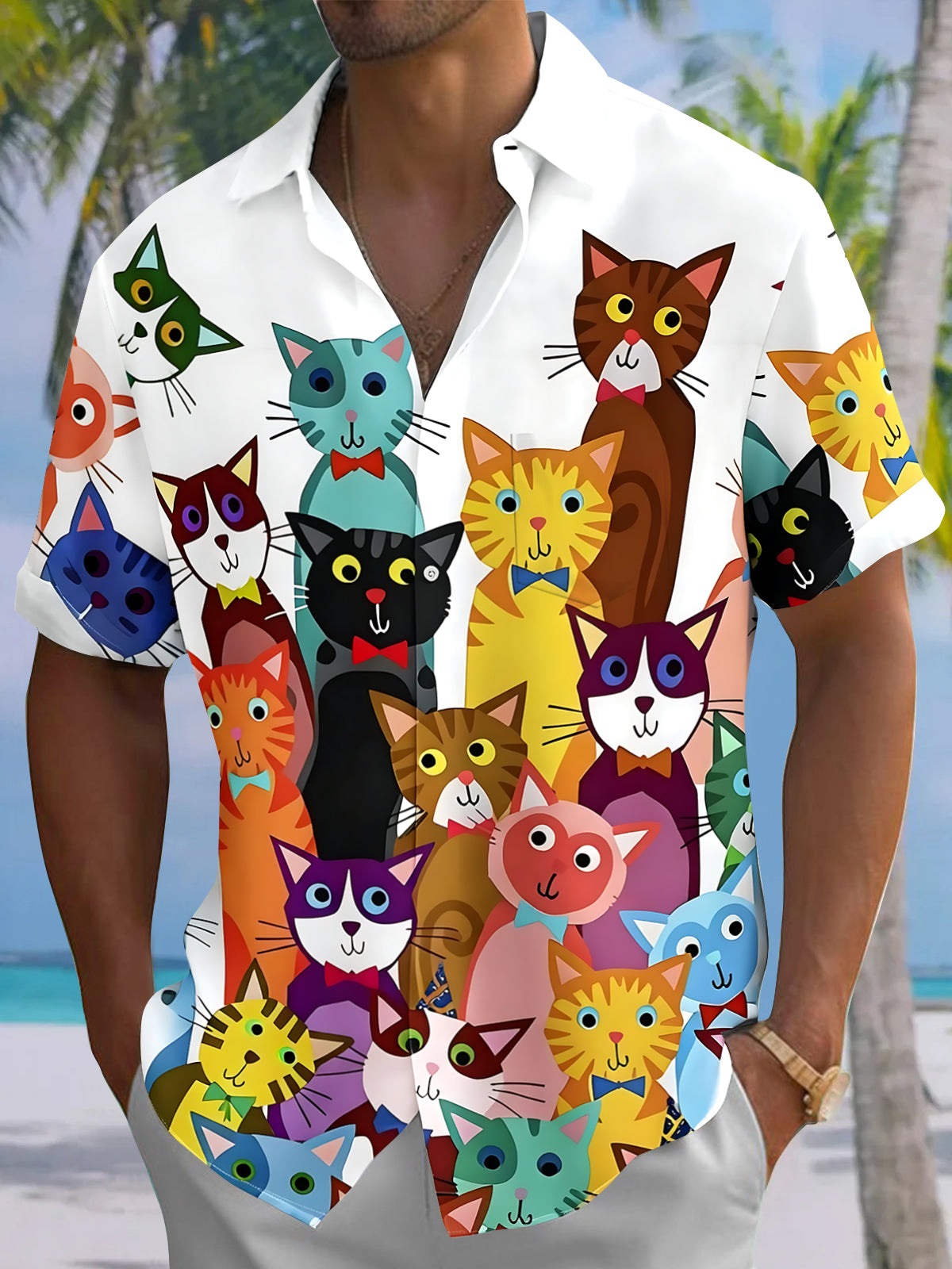 Oceanlyte Men's Hawaiian Colorful Cartoon Cats Print Short Sleeve Shirt with Chest Pocket