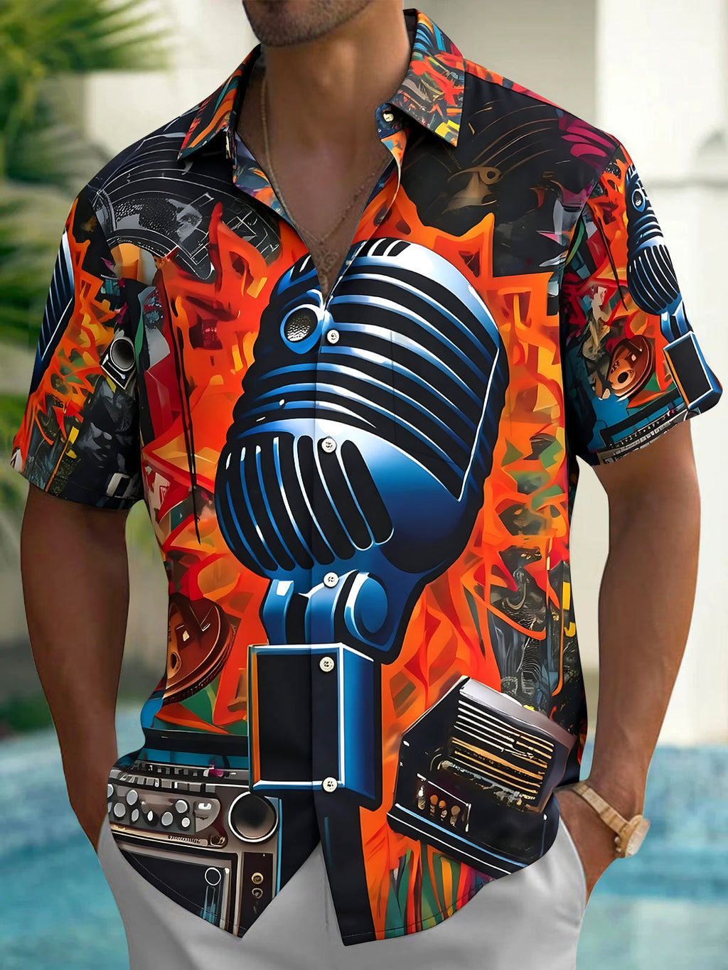 Oceanlyte Men's Graphic Abstract Fire Background Print Short Sleeve Shirt with Chest Pocket