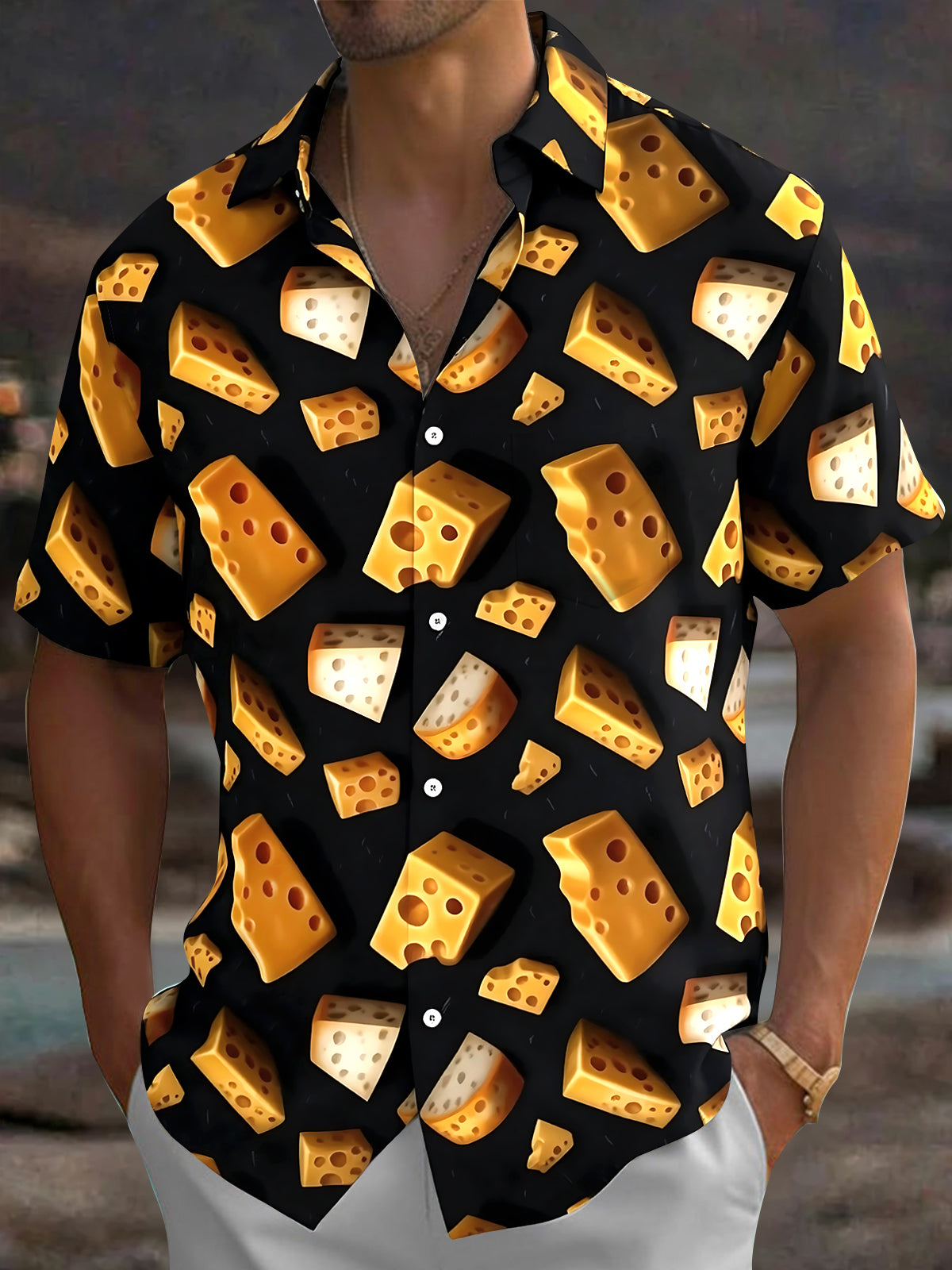 Oceanlyte Men's Hawaiian Cheese Print Cheese Wedges Print Short Sleeve Shirt with Chest Pocket