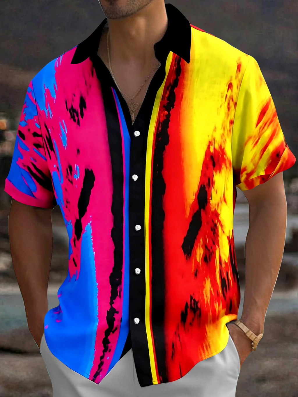 Oceanlyte Men's Tie Dye Colorful Abstract Tie Dye Print Short Sleeve Shirt with Chest Pocket