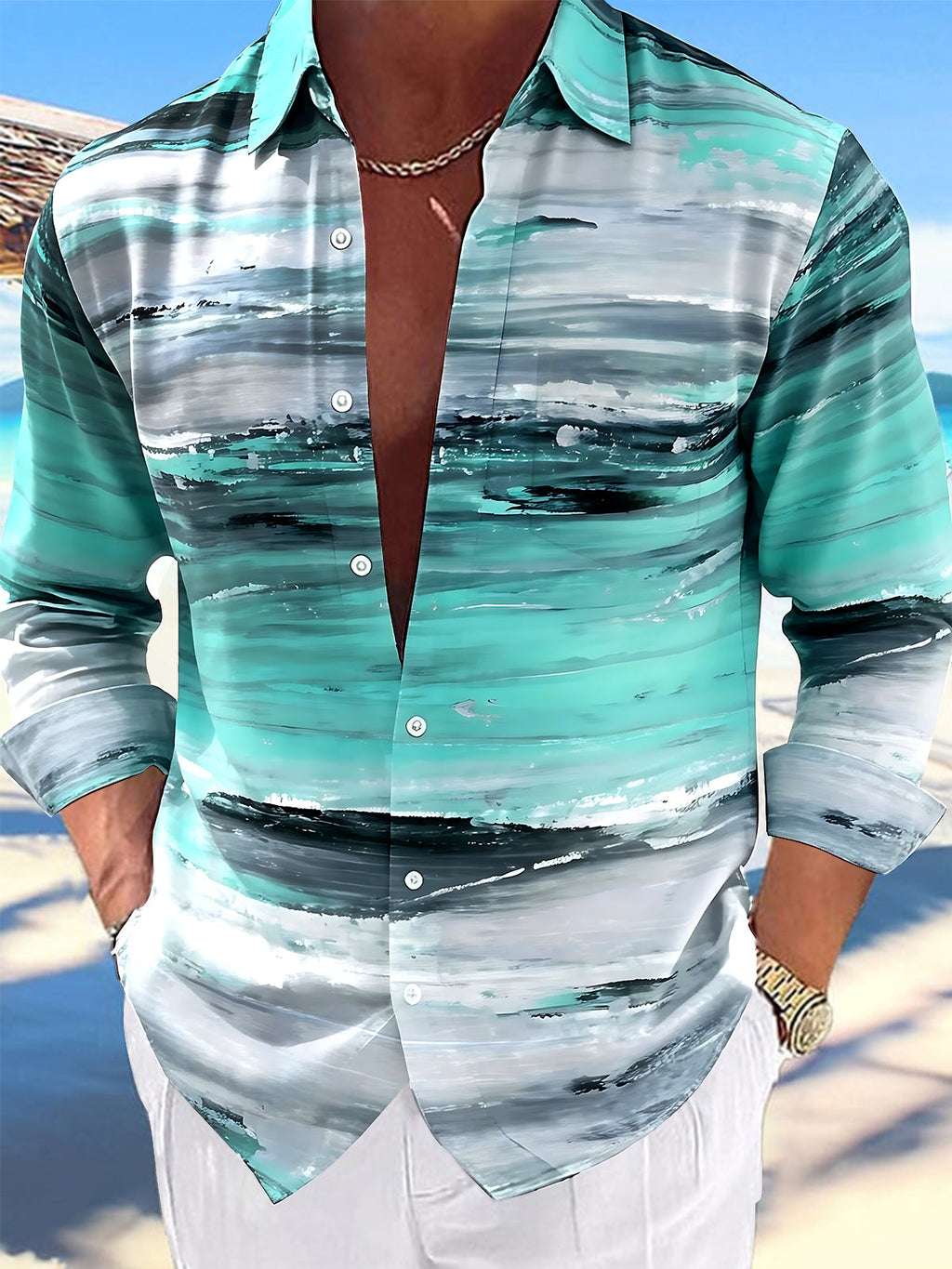 Oceanlyte Men's Printed Abstract Ocean Waves Print Long Sleeve Shirt with Chest Pocket