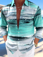 Oceanlyte Men's Printed Abstract Ocean Waves Print Long Sleeve Shirt with Chest Pocket