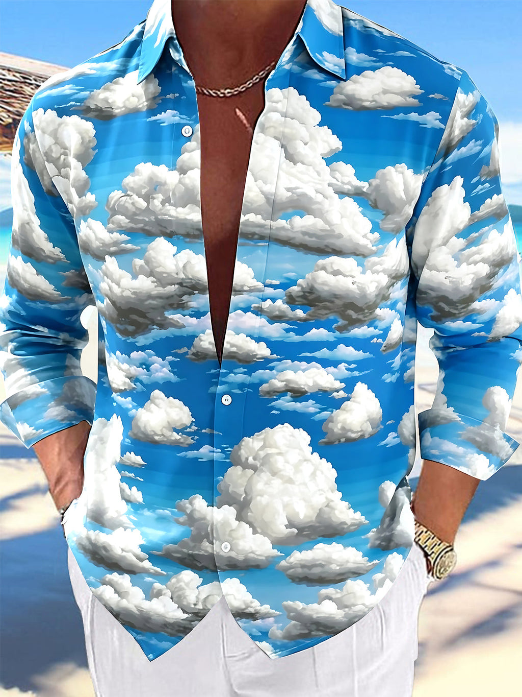 Oceanlyte Men's Hawaiian Cloudy Sky Print Long Sleeve Shirt with Chest Pocket