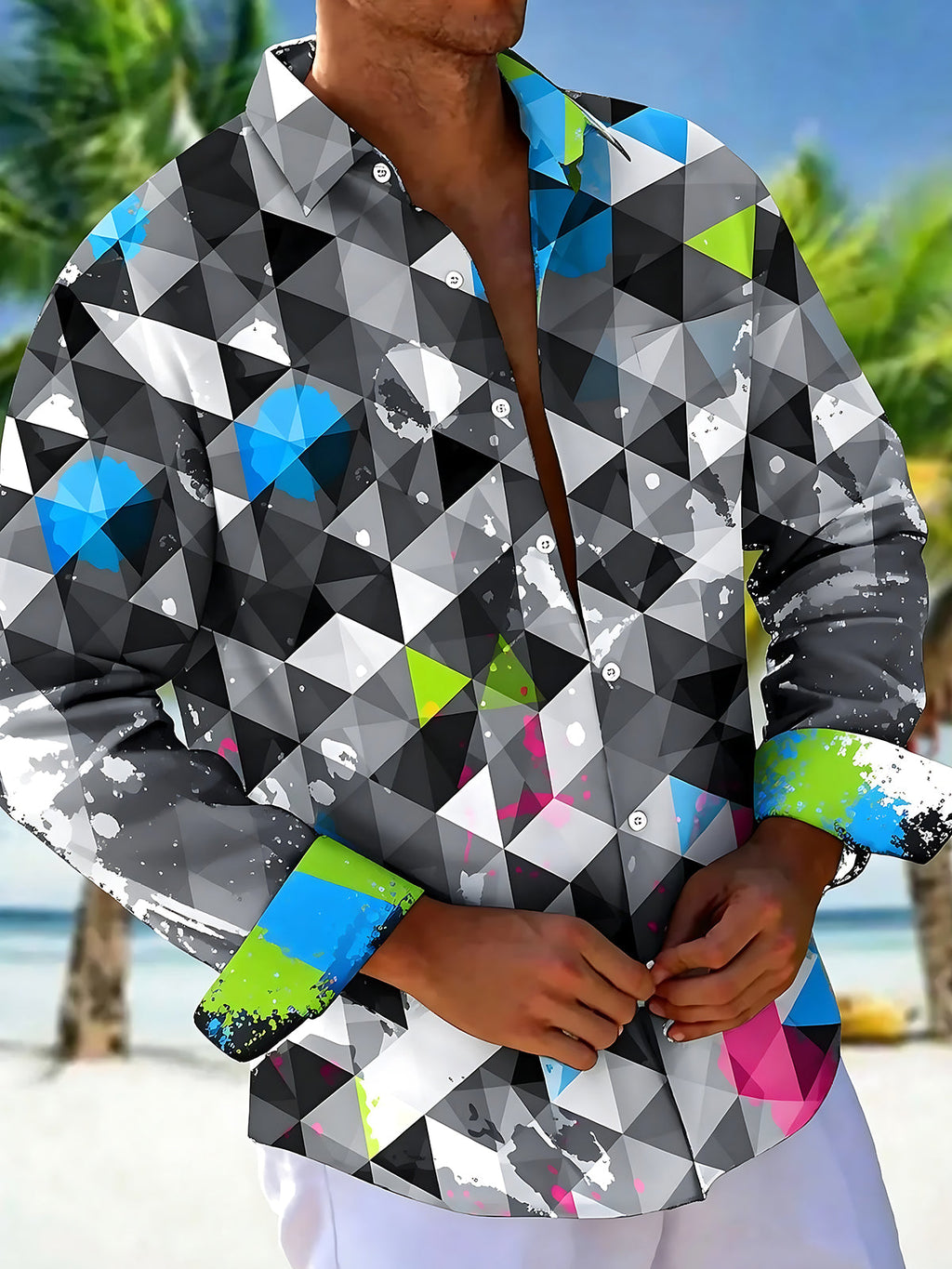 Oceanlyte Men's Printed Geometric Triangle Pattern Long Sleeve Shirt with Chest Pocket