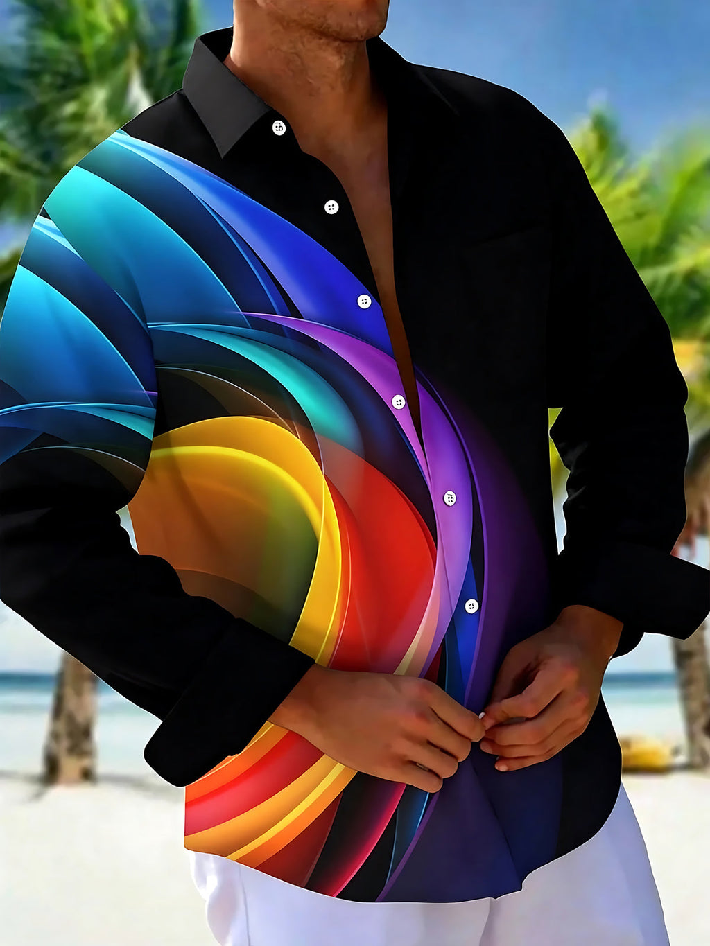 Oceanlyte Men's Printed Colorful Abstract Waves Print Long Sleeve Shirt with Chest Pocket