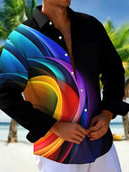 Oceanlyte Men's Printed Colorful Abstract Waves Print Long Sleeve Shirt with Chest Pocket