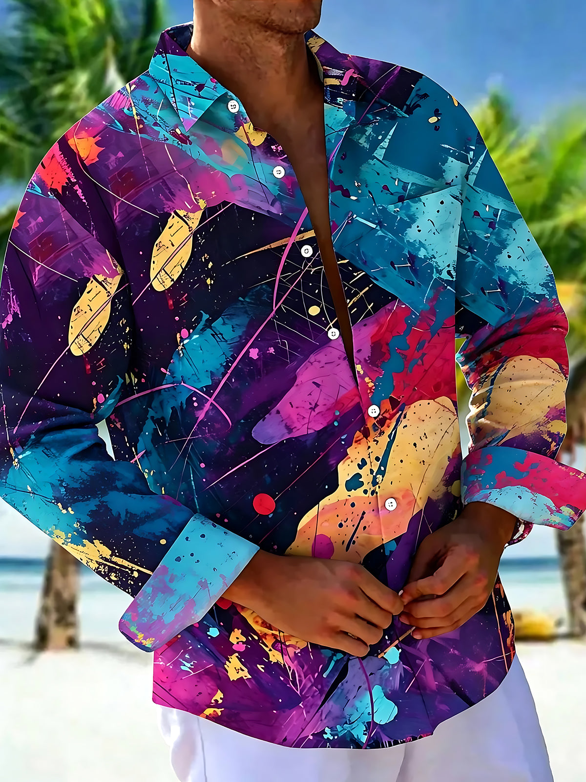 Oceanlyte Men's Tie Dye Colorful Abstract Paint Splatter Print Long Sleeve Shirt with Chest Pocket
