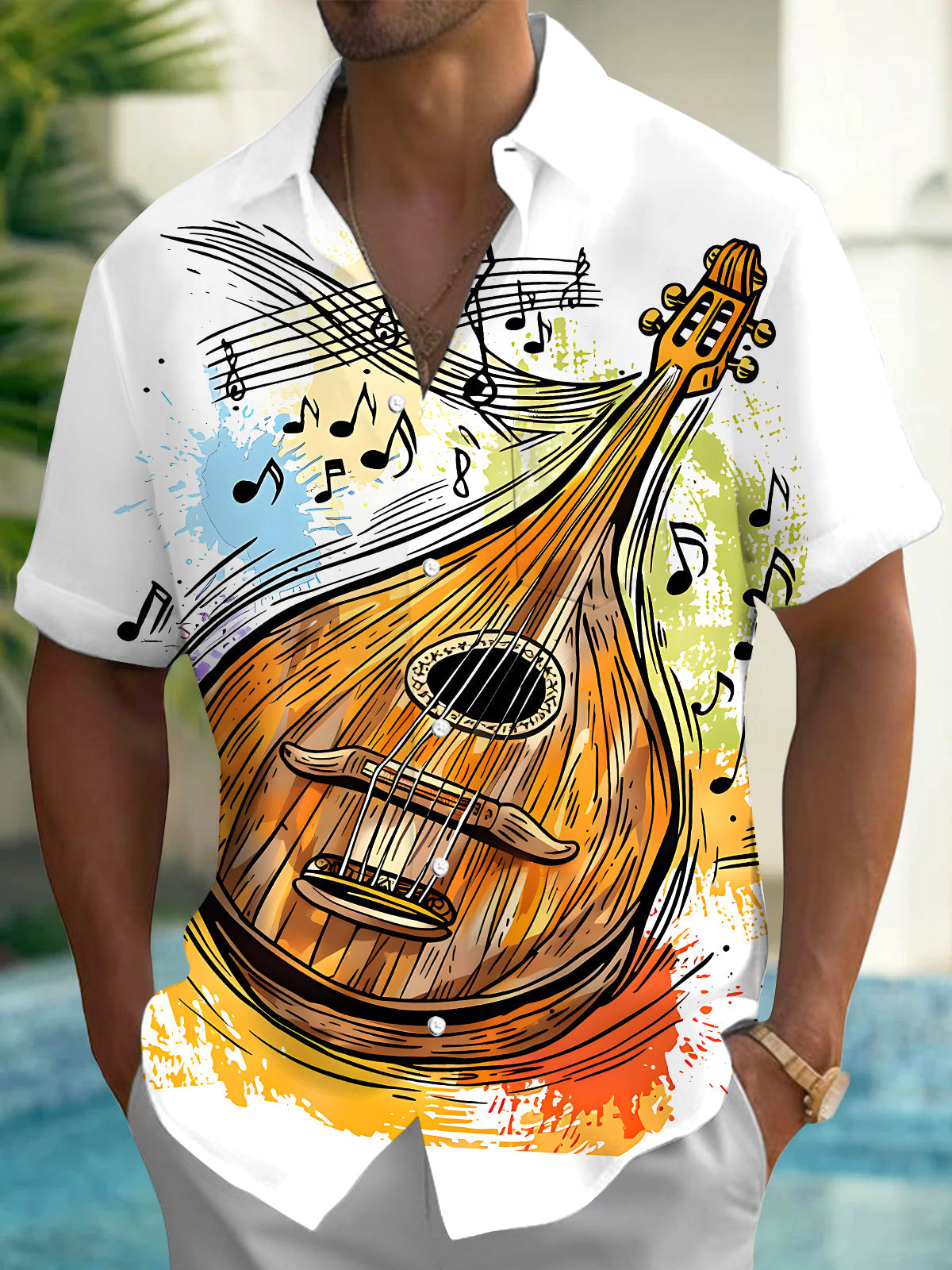 Oceanlyte Men's Graphic Mandolin Instrument Print Short Sleeve Shirt with Chest Pocket