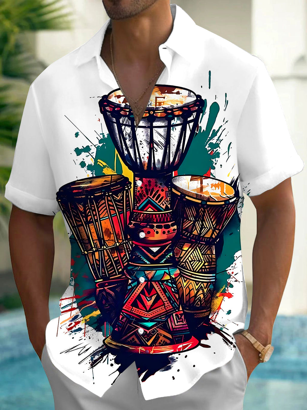 Oceanlyte Men's Graphic Djembe Drums Print Short Sleeve Shirt with Chest Pocket