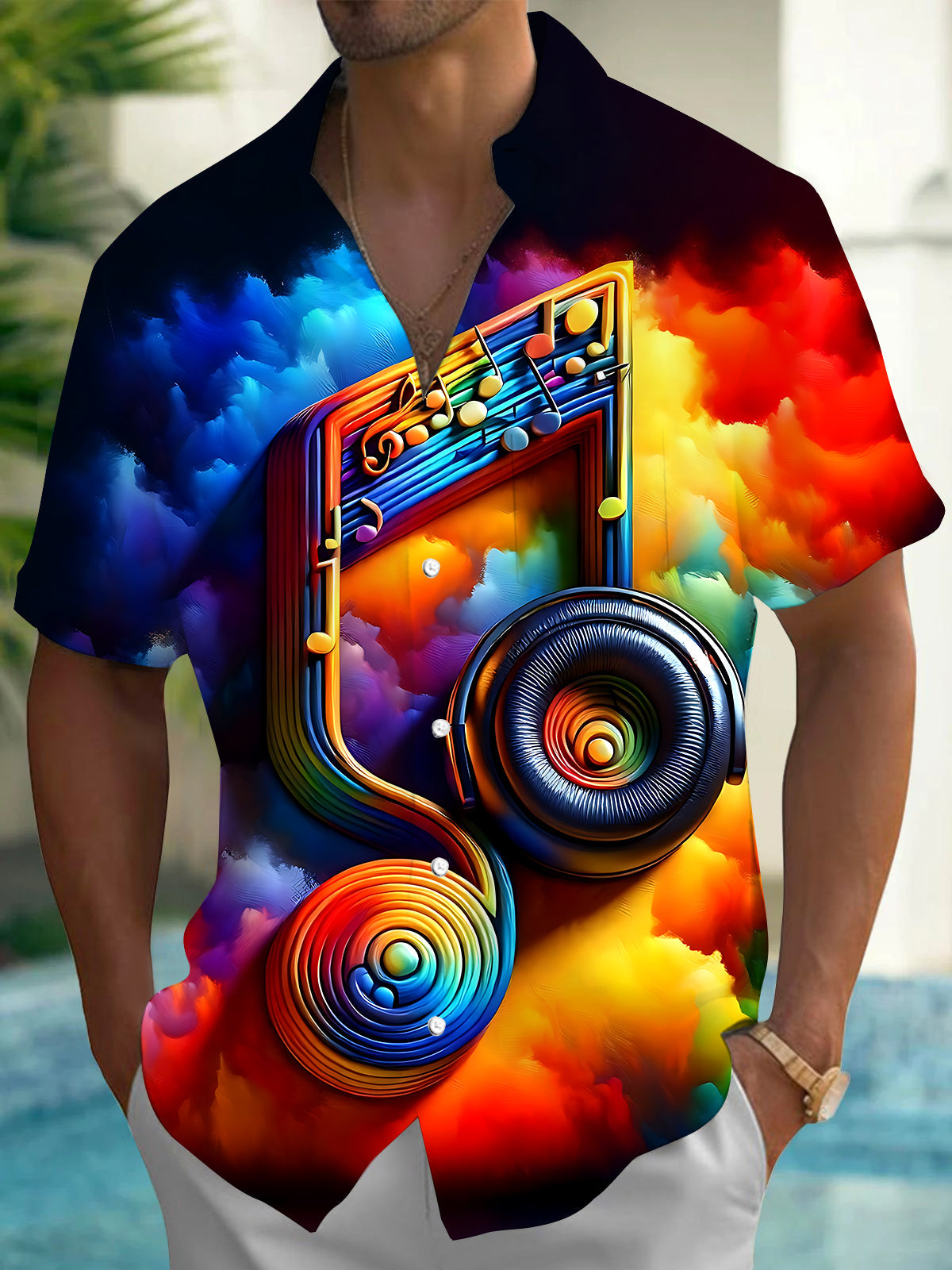 Oceanlyte Men's Graphic Rainbow Musical Note Print Short Sleeve Shirt with Chest Pocket