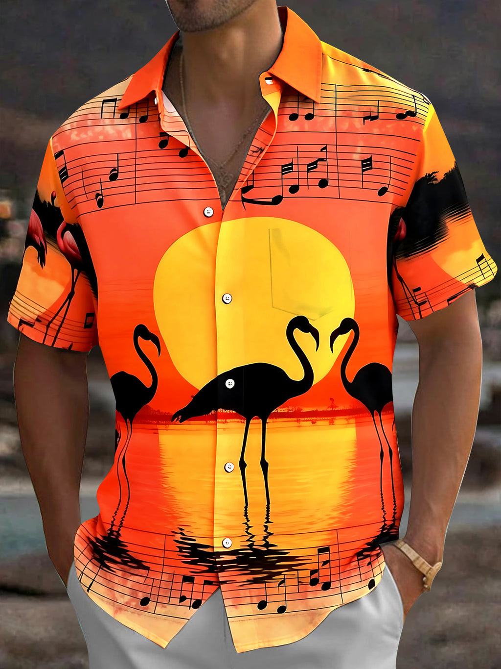 Oceanlyte Men's Hawaiian Flamingo Sunset Print Short Sleeve Shirt with Chest Pocket