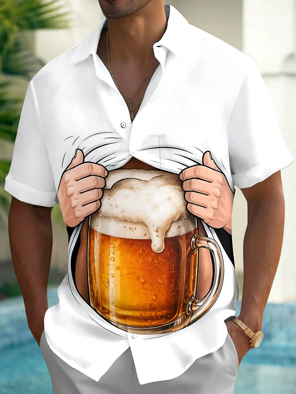 Oceanlyte Men's Graphic Beer Mug Print Short Sleeve Shirt with Chest Pocket