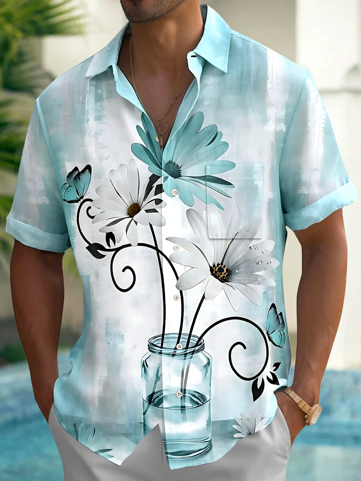 Oceanlyte Men's Printed Flower Vase Print Short Sleeve Shirt with Chest Pocket