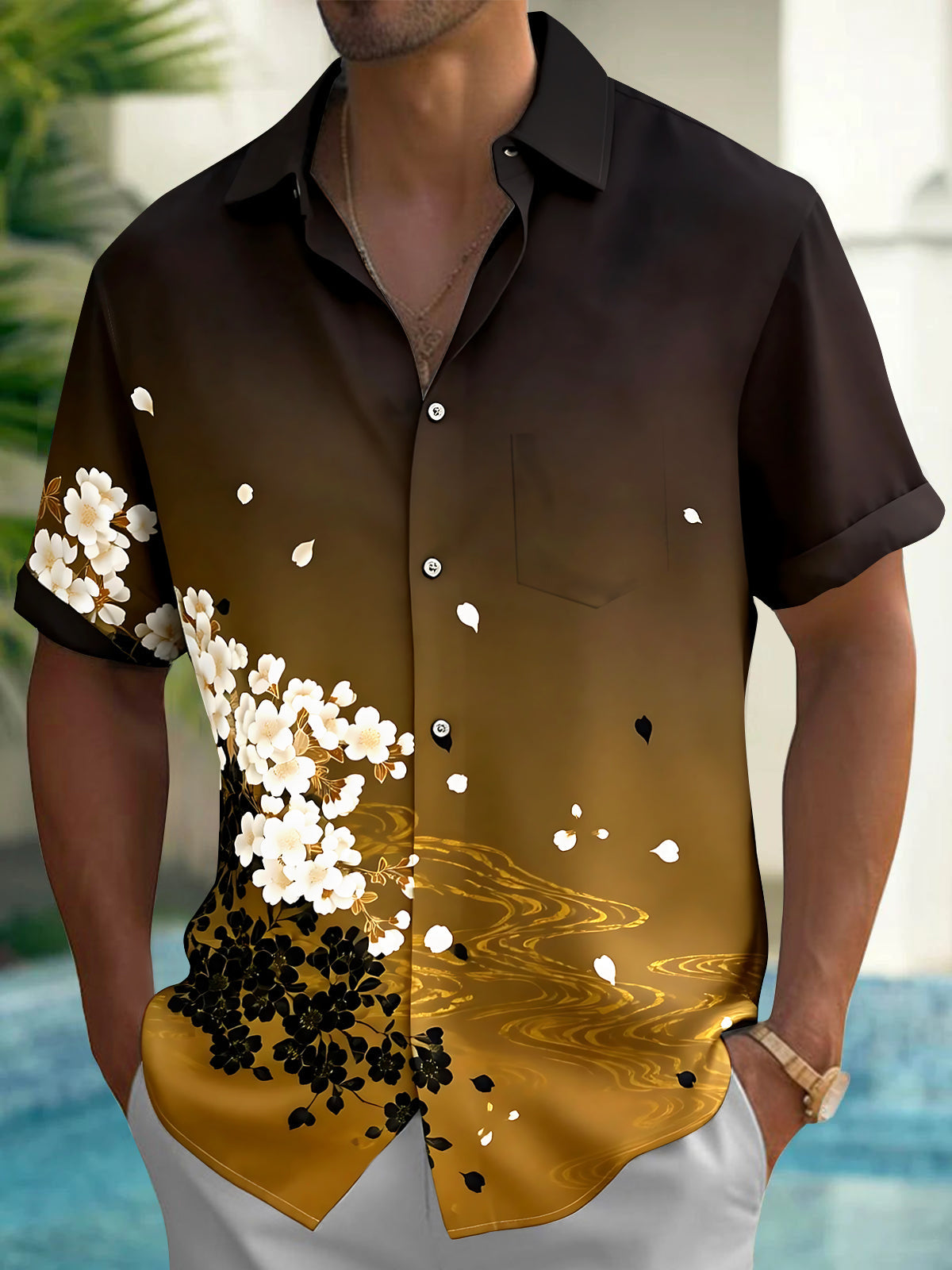 Oceanlyte Men's Vintage Style White Cherry Blossoms Print Short Sleeve Shirt with Chest Pocket