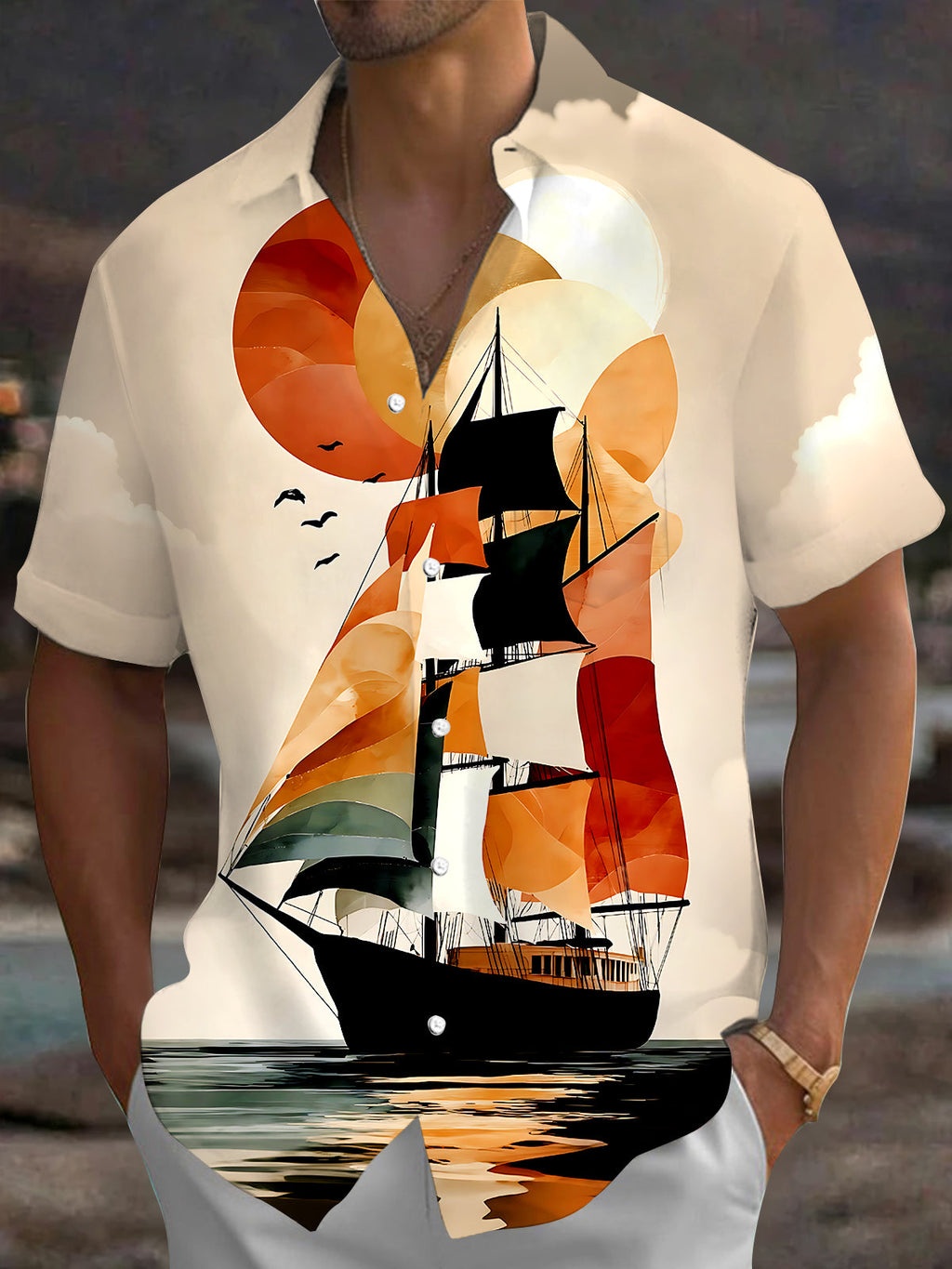 Oceanlyte Men's Vintage Style Sailing Ship Sunset Print Short Sleeve Shirt with Chest Pocket