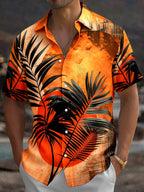 Oceanlyte Men's Hawaiian Palm Leaf Sunset Print Short Sleeve Shirt with Chest Pocket