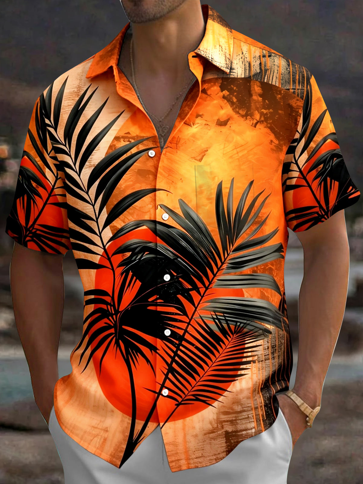 Oceanlyte Men's Hawaiian Palm Leaf Sunset Print Short Sleeve Shirt with Chest Pocket