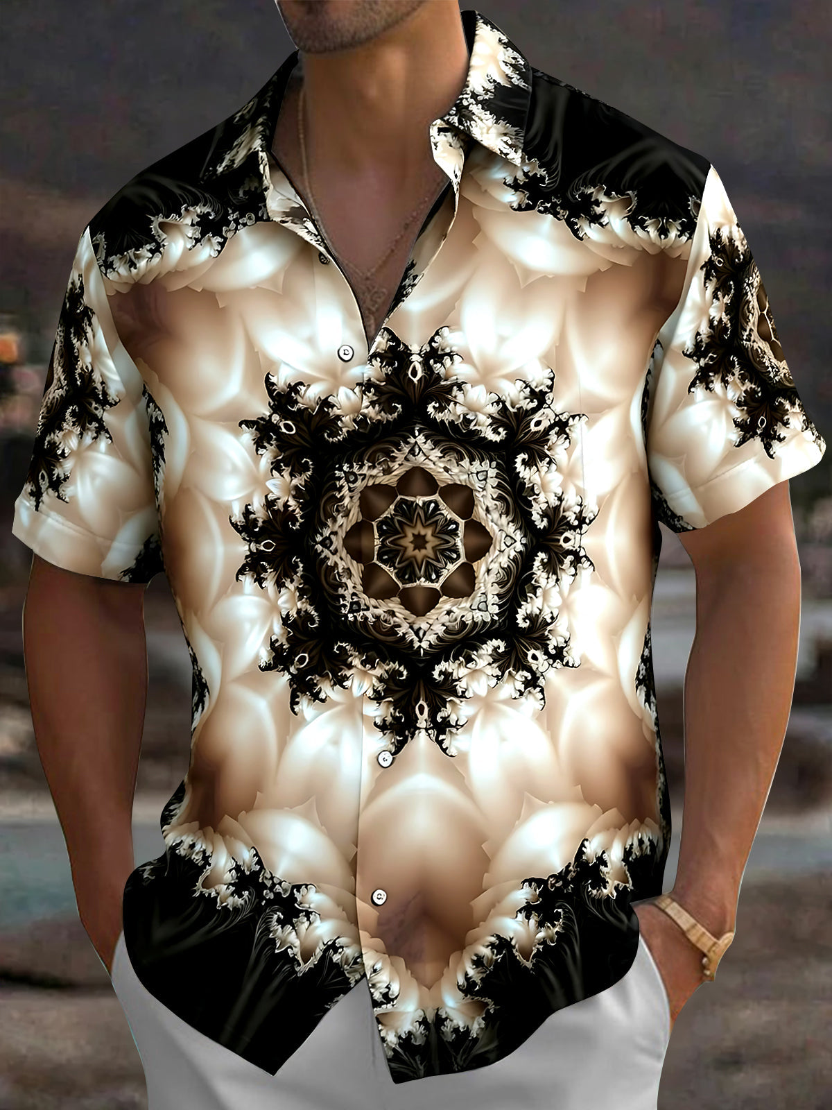 Oceanlyte Men's Printed Fractal Mandala Pattern Short Sleeve Shirt with Chest Pocket