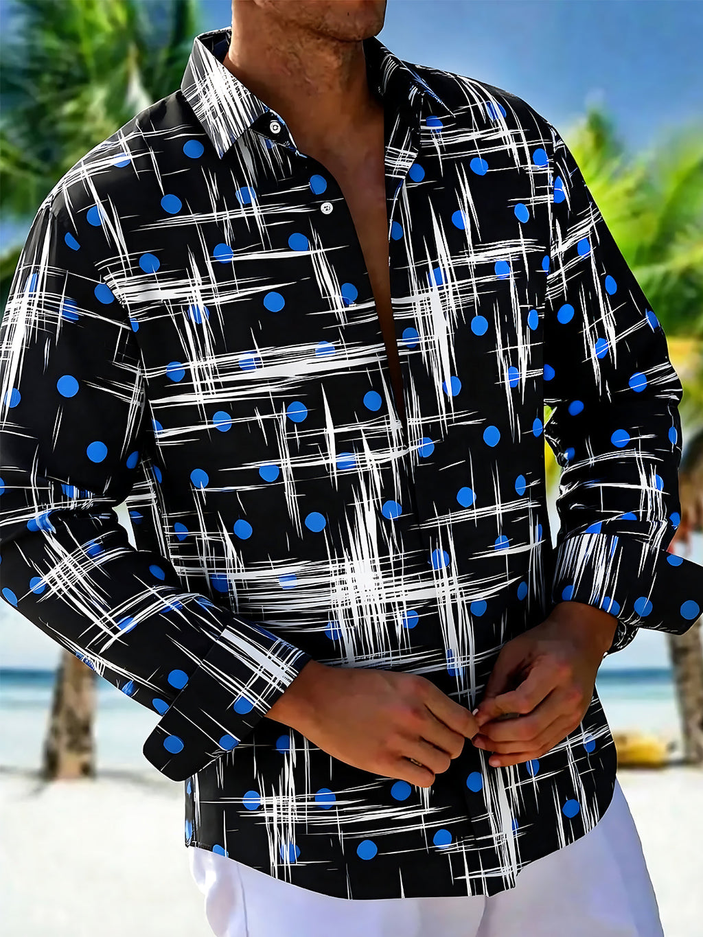 Oceanlyte Men's Printed Abstract White Lines Print Long Sleeve Shirt with Chest Pocket