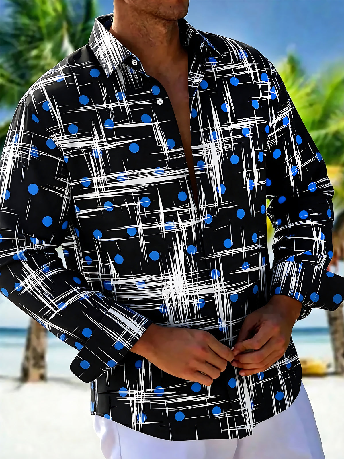 Oceanlyte Men's Printed Abstract White Lines Print Long Sleeve Shirt with Chest Pocket