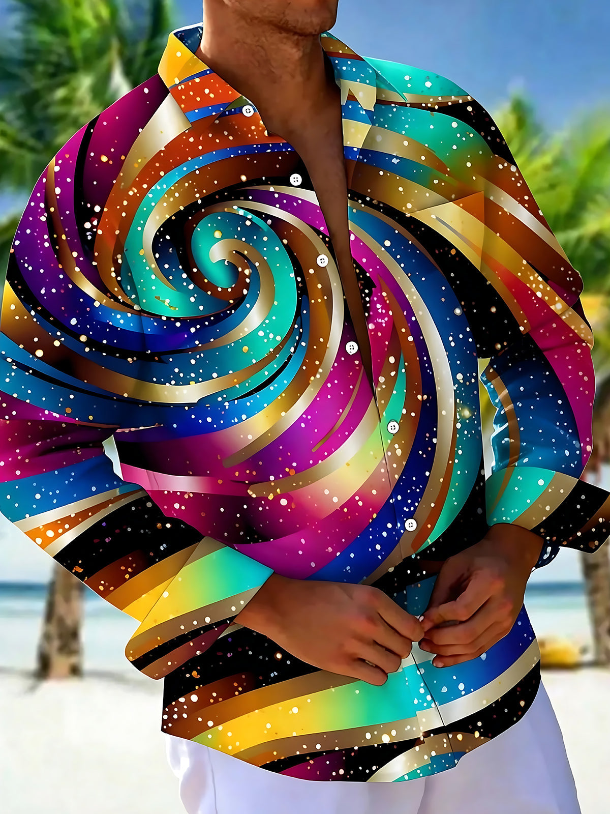 Oceanlyte Men's Printed Colorful Swirl Pattern Long Sleeve Shirt with Chest Pocket