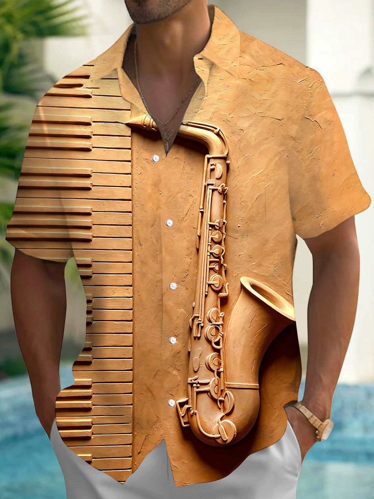 Oceanlyte Men's Vintage Style 3D Relief Saxophone Print Short Sleeve Shirt with Chest Pocket