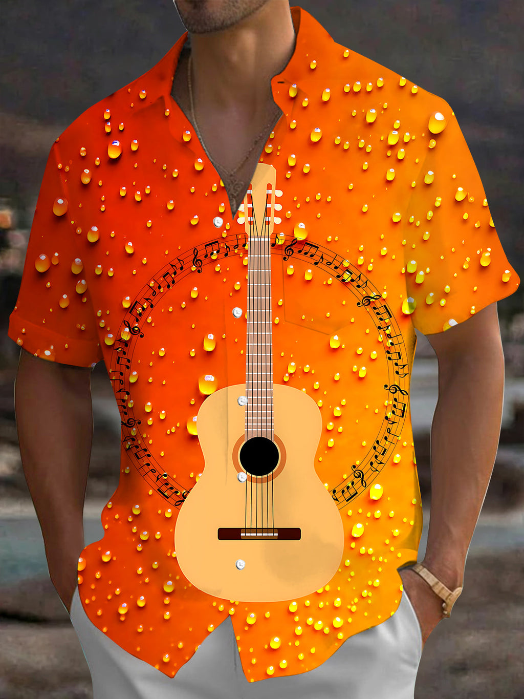 Oceanlyte Men's Graphic Guitar Print Musical Notes Print Short Sleeve Shirt with Chest Pocket