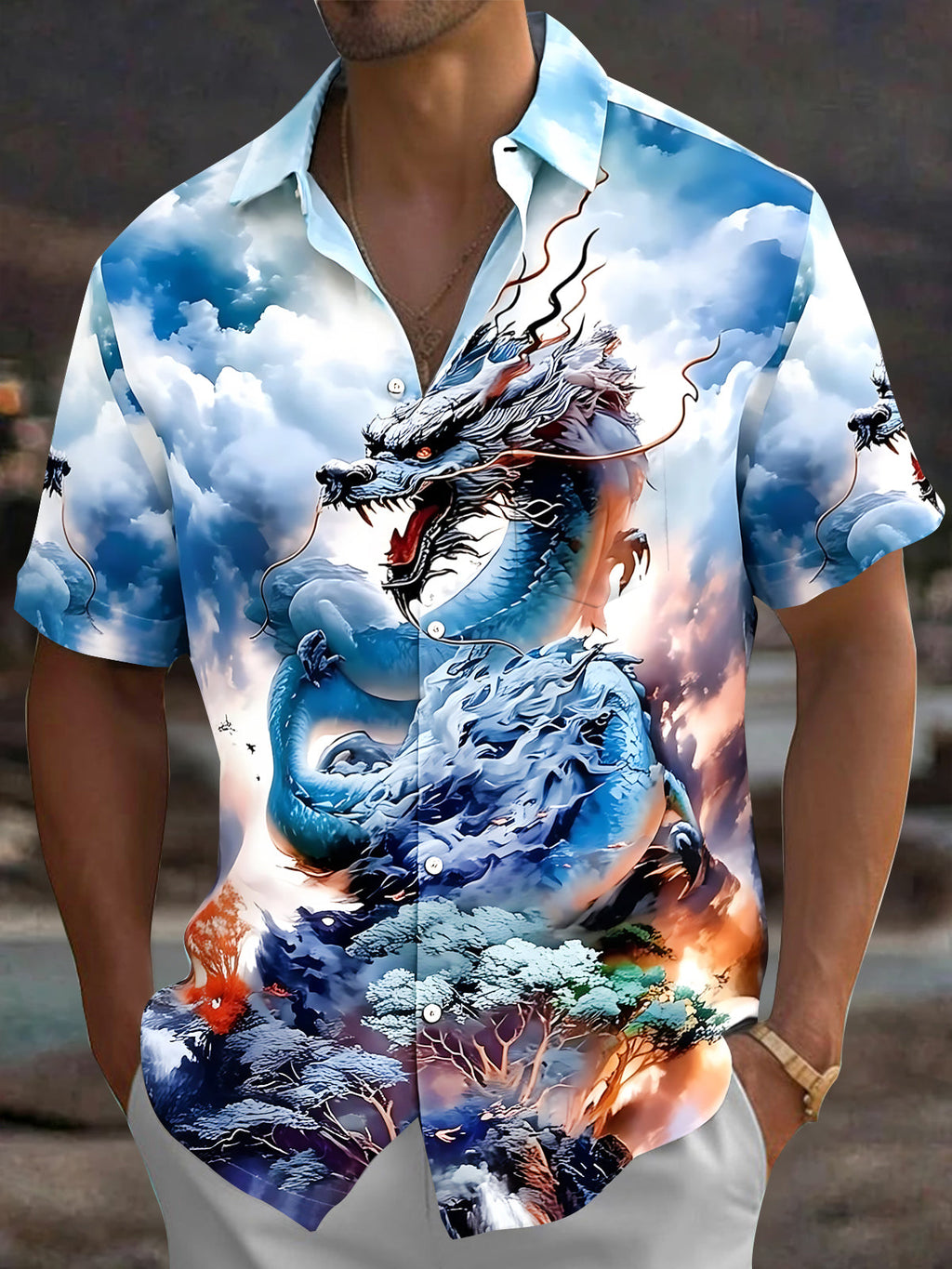 Oceanlyte Men's Hawaiian Chinese Dragon Print Clouds Print Short Sleeve Shirt with Chest Pocket