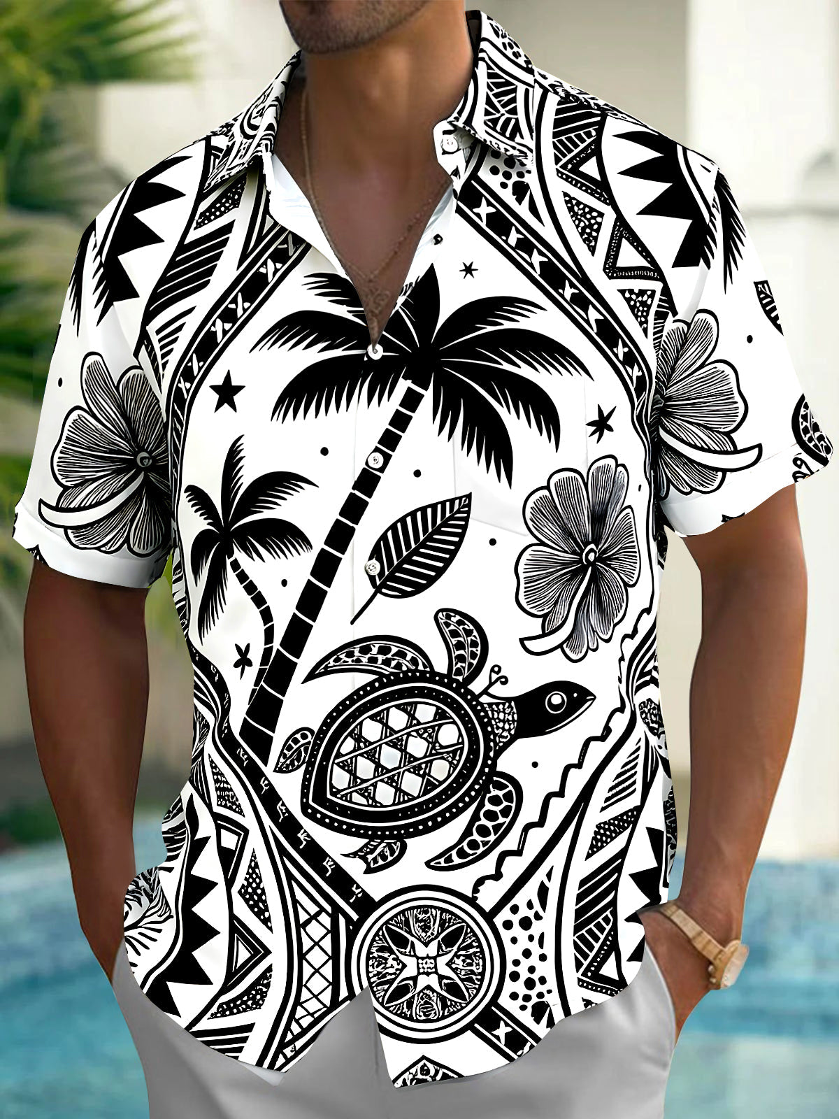 Oceanlyte Men's Hawaiian Sea Turtle Print Palm Tree Print Short Sleeve Shirt with Chest Pocket