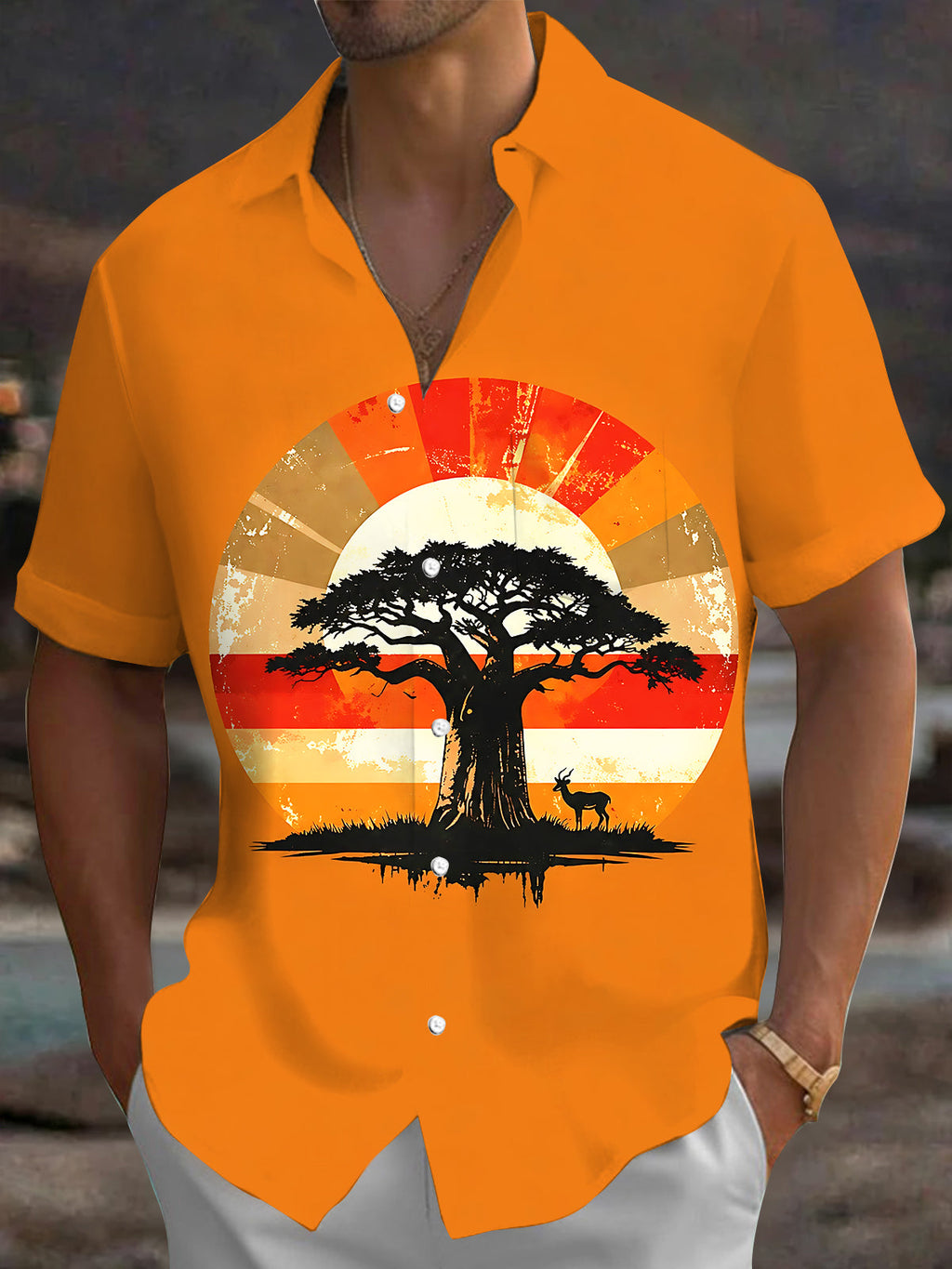 Oceanlyte Men's Vintage Style Acacia Tree Sunset Print Short Sleeve Shirt with Chest Pocket