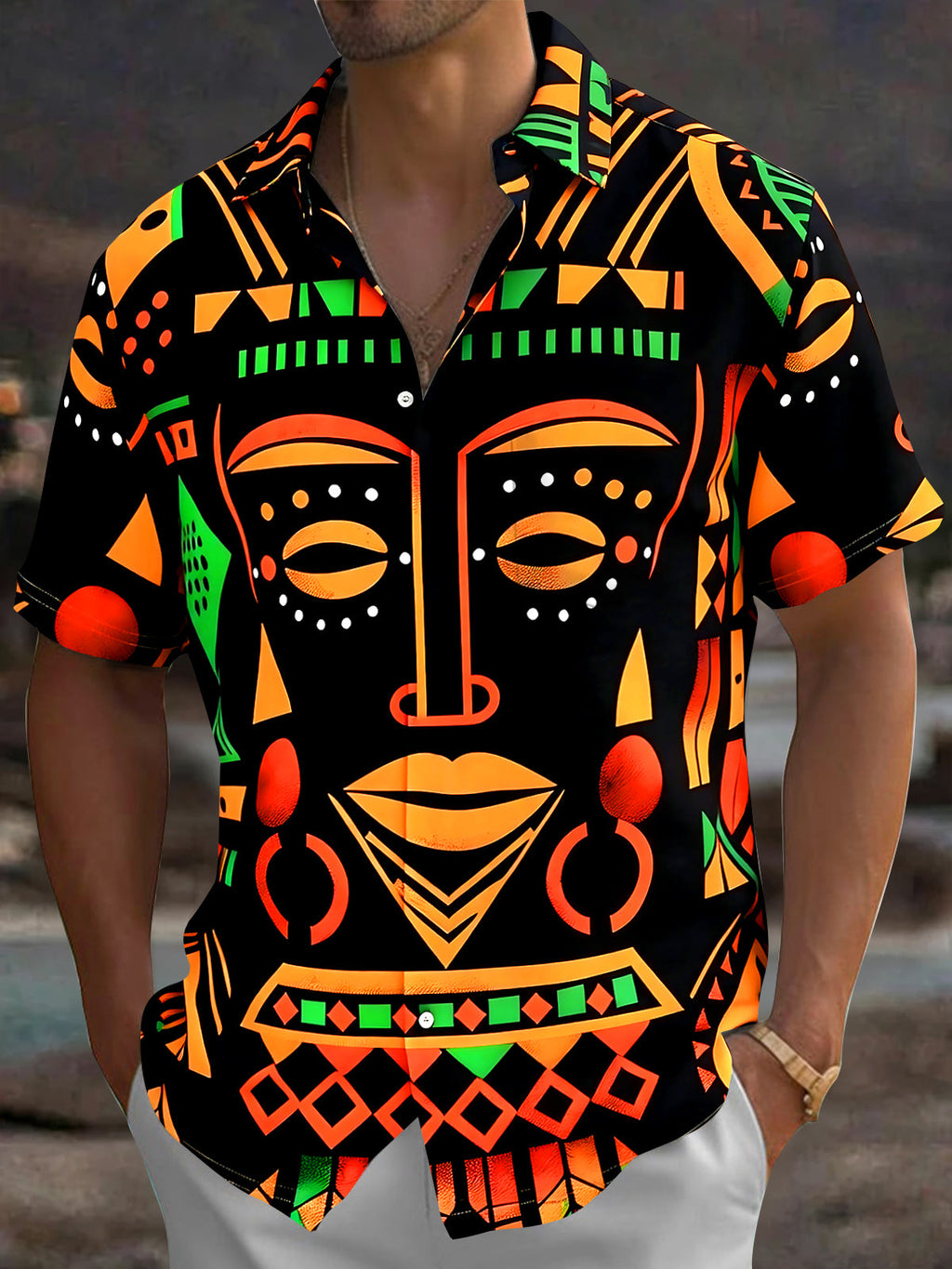 Oceanlyte Men's Graphic Abstract Tribal Face Print Short Sleeve Shirt with Chest Pocket
