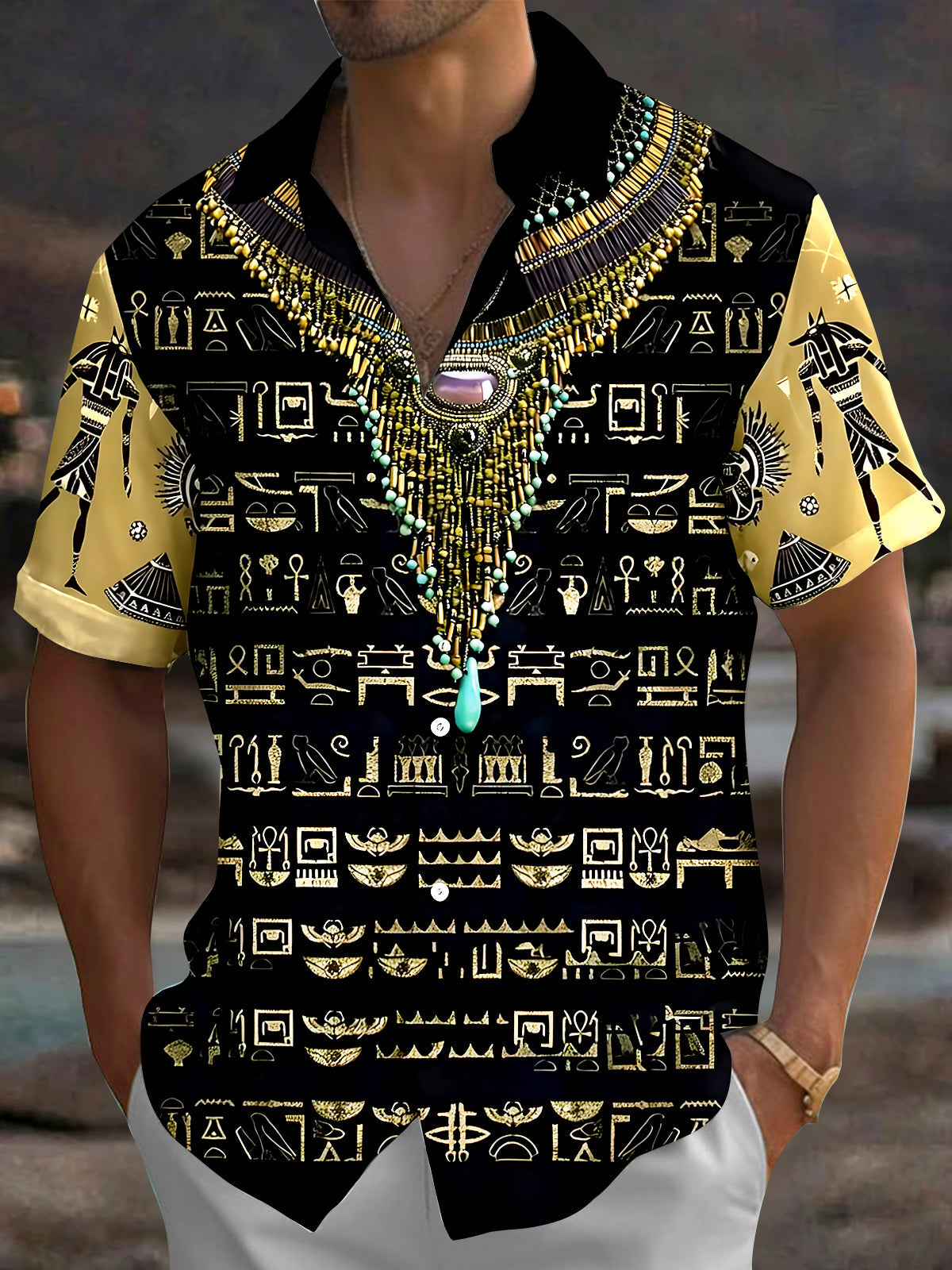 Oceanlyte Men's Vintage Style Egyptian Hieroglyphs Print Short Sleeve Shirt with Chest Pocket