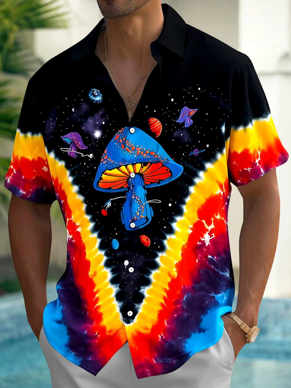 Oceanlyte Men's Tie Dye Cosmic Mushroom Print Short Sleeve Shirt with Chest Pocket