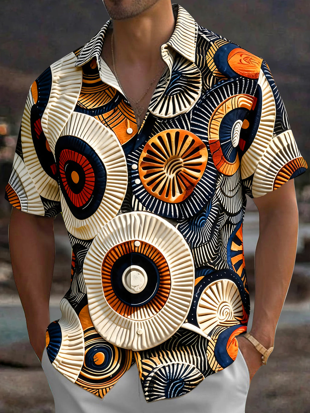 Oceanlyte Men's 3D 3D Relief Circles Print Short Sleeve Shirt with Chest Pocket
