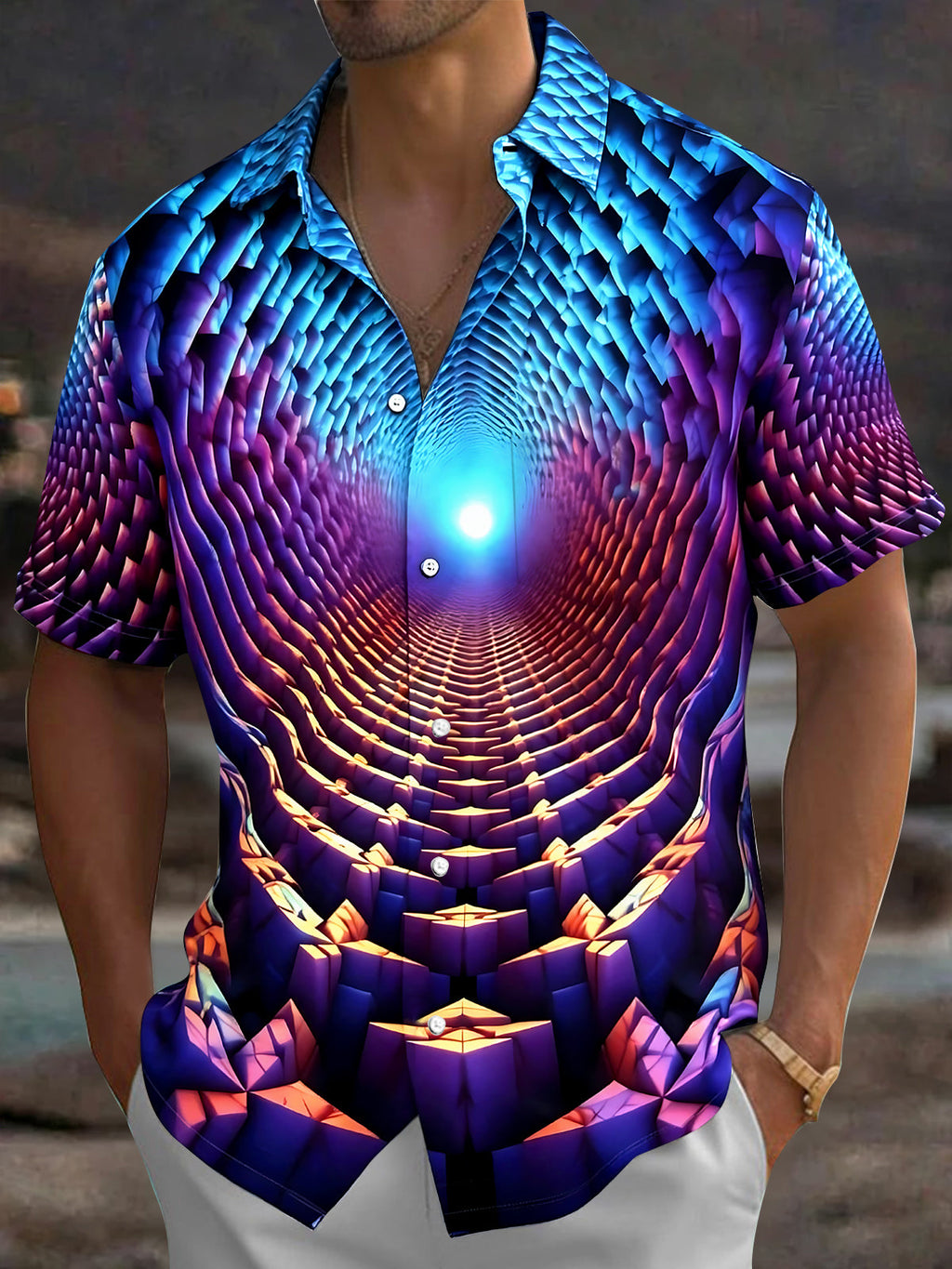 Oceanlyte Men's 3D Geometric Tunnel Print Short Sleeve Shirt with Chest Pocket