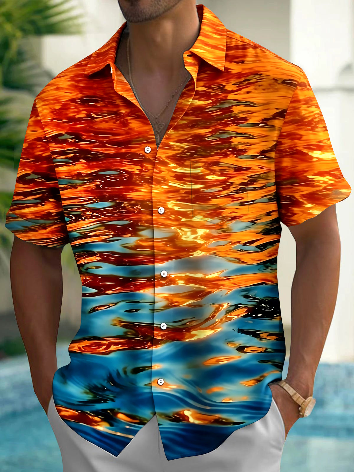 Oceanlyte Men's Hawaiian Water Ripples Print Short Sleeve Shirt with Chest Pocket