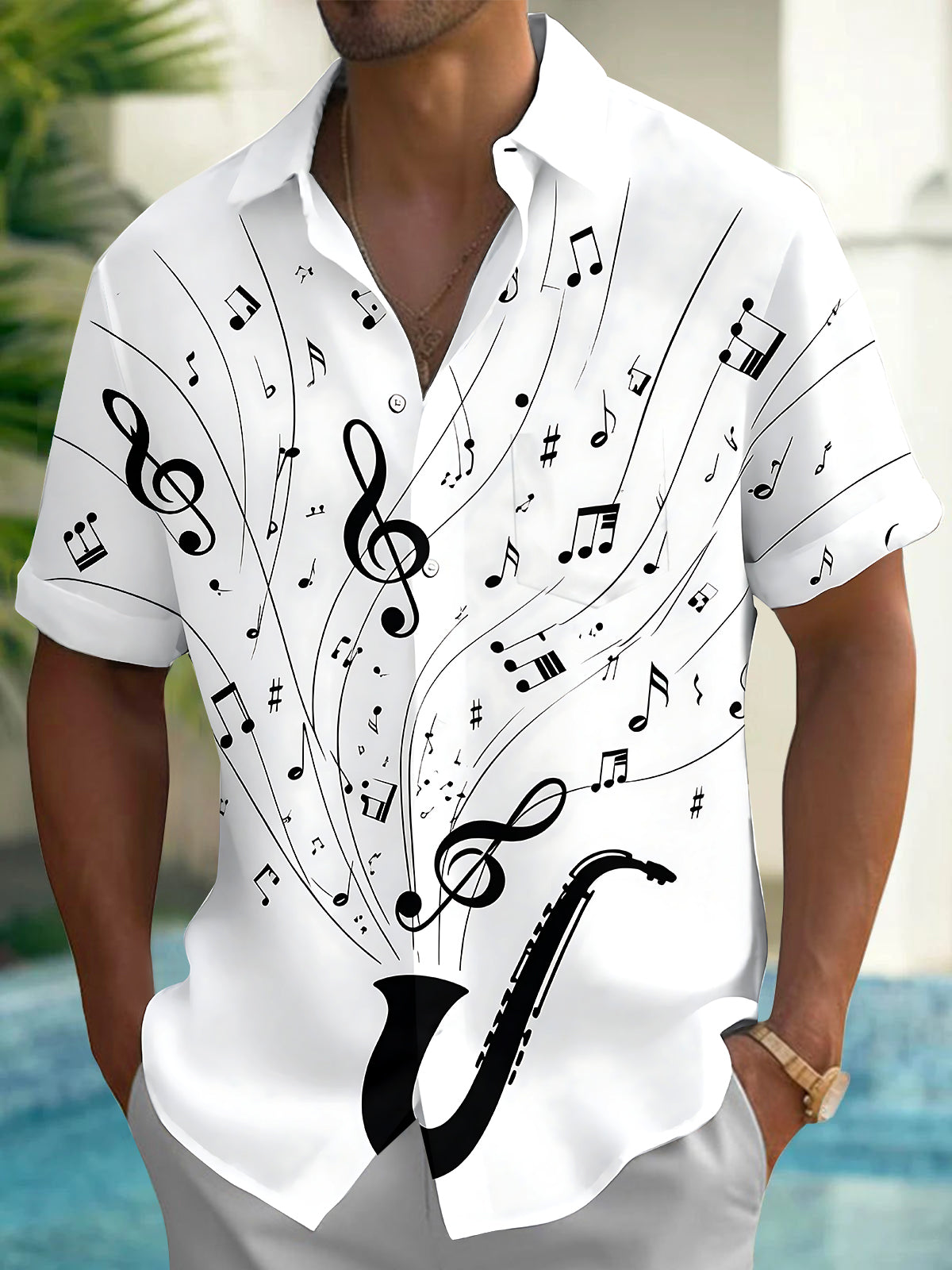 Oceanlyte Men's Printed Saxophone Print Musical Notes Print Short Sleeve Shirt with Chest Pocket