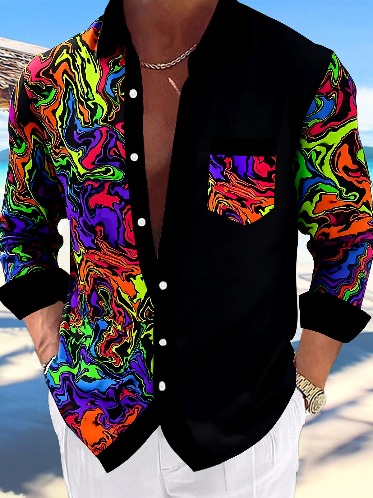 Oceanlyte Men's Printed Colorful Swirl Pattern Long Sleeve Shirt with Chest Pocket