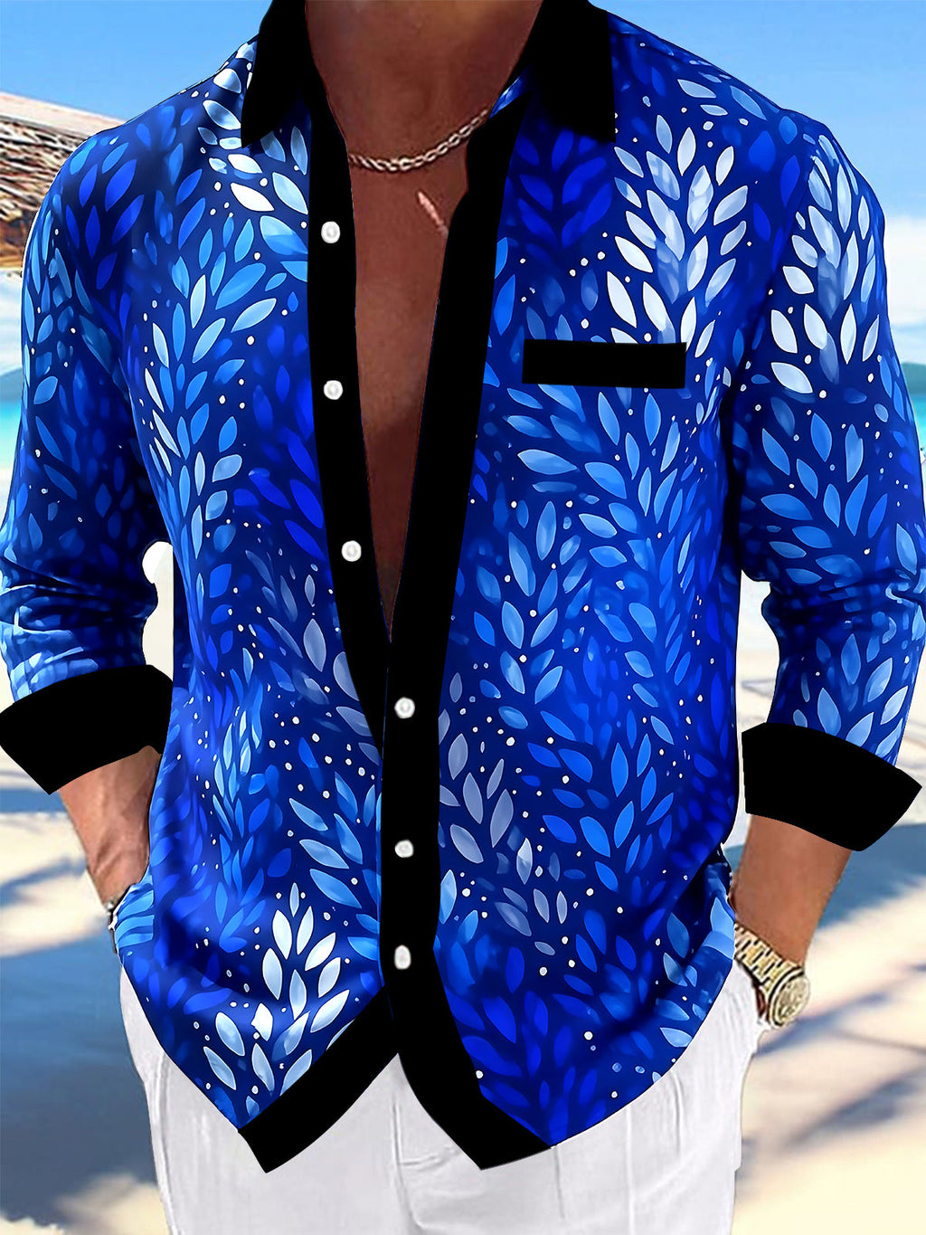 Oceanlyte Men's Tropical Blue Leaf Pattern Long Sleeve Shirt with Chest Pocket