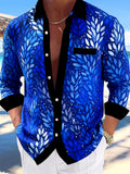 Oceanlyte Men's Tropical Blue Leaf Pattern Long Sleeve Shirt with Chest Pocket